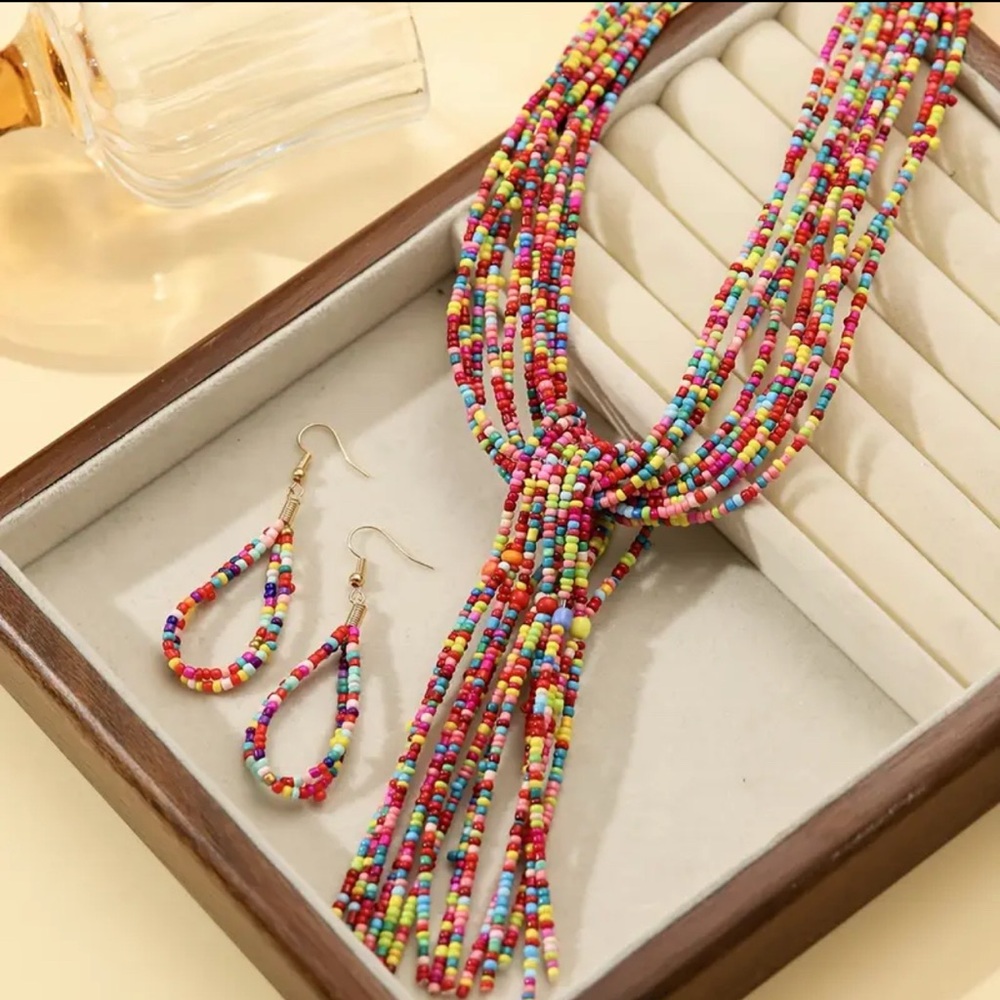 Colorful Beaded Scarf Necklace with Tassel Fringe - Picture 2 of 5